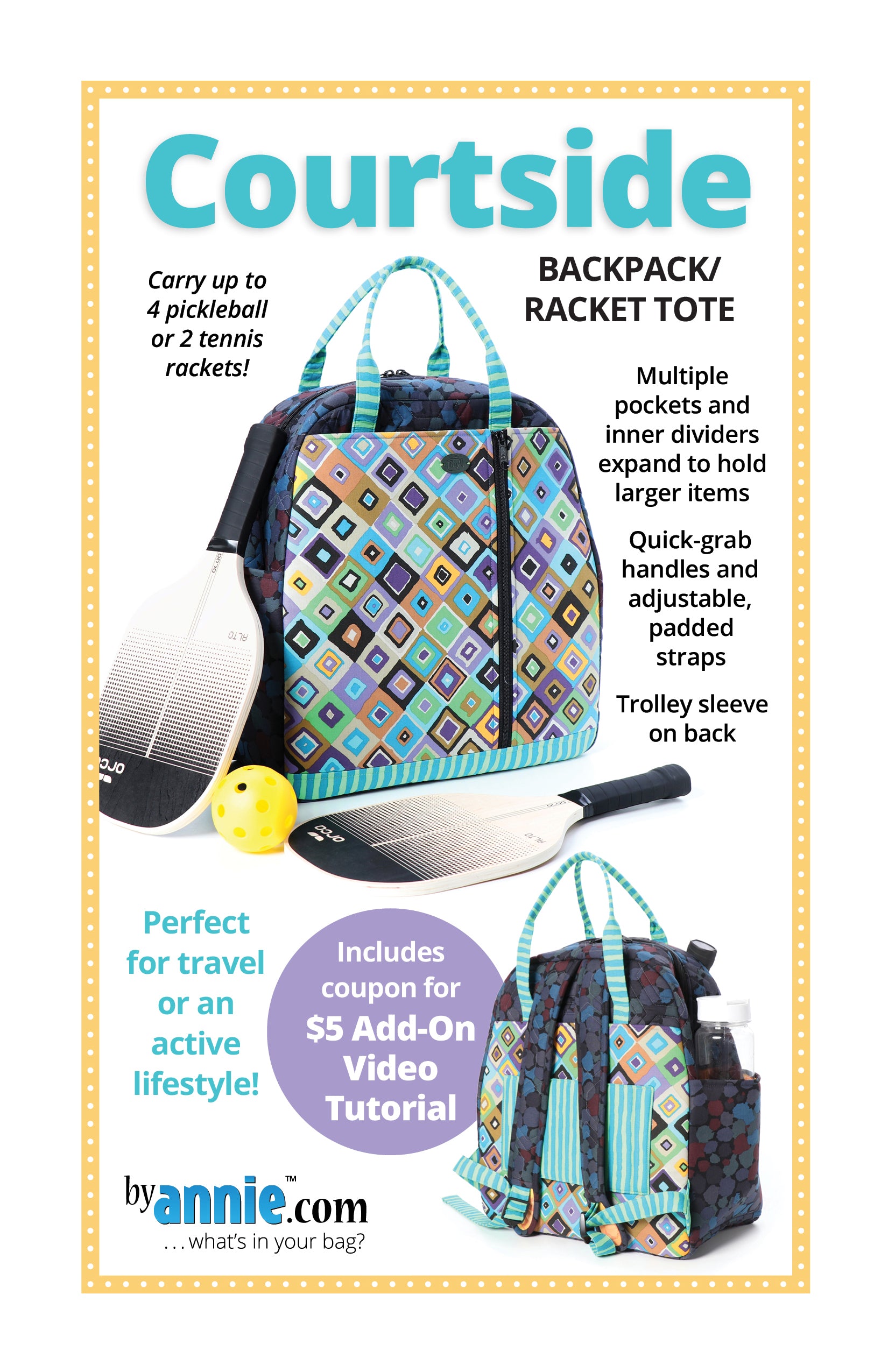 Courtside backpack/racket tote - Bags by Annie pattern - PBA303